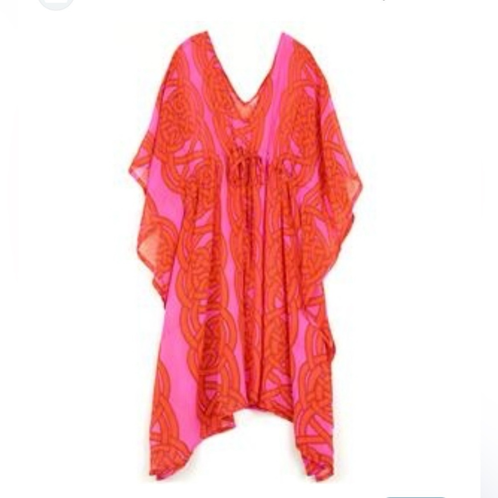 ECHO - women’s chiffon printed pink red swim cover up midi dress short sleeve OS